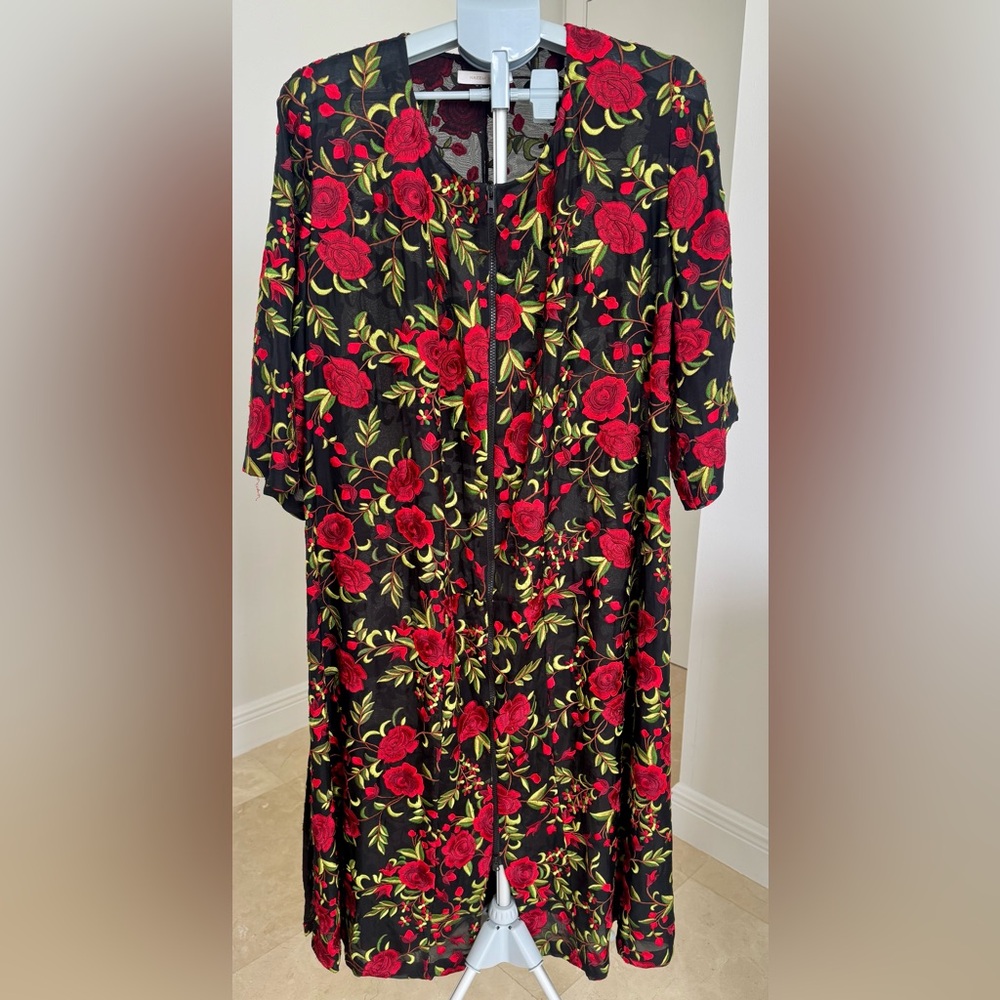 Naeem Khan Black Dress with Red Rose and Green Leaf Embroidery, full zipper fr